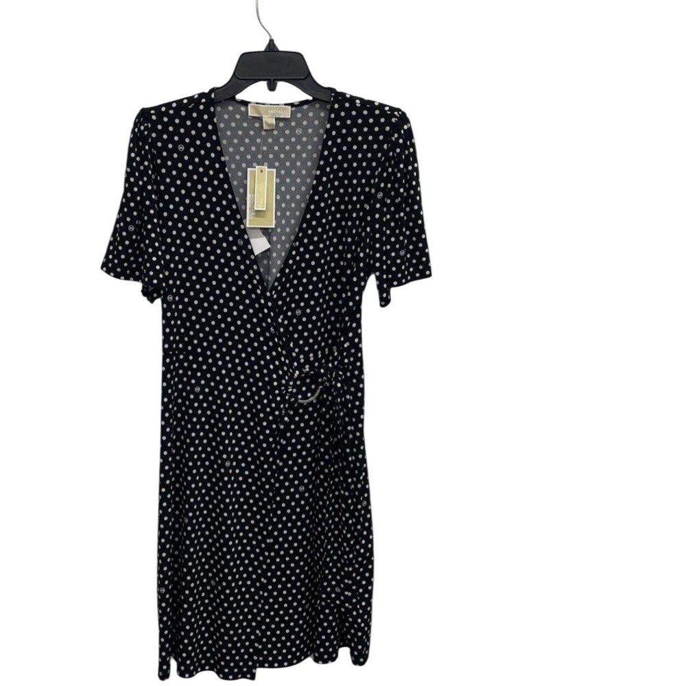 Michael Kors Black White Polka Dot Faux Wrap Dress MS18F2L1AM Medium NWT